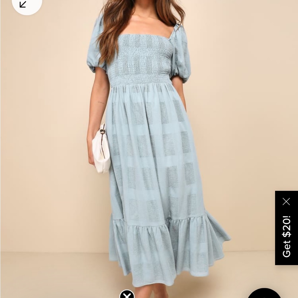 Lulu’s Budding Charm Sage Smocked Puff Sleeve Midi Dress With Pockets